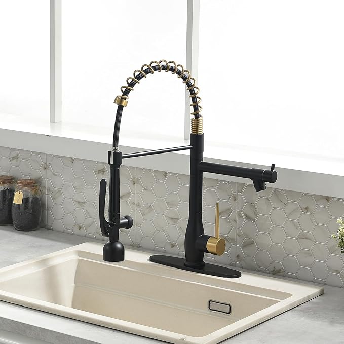 GIMILI Black and Gold Kitchen Faucet with LED Single Handle Kitchen Sink Faucet with Pull Down Sprayer Commercial Double-Headed Stainless Steel Kitchen Faucets Sink with Deck Plate