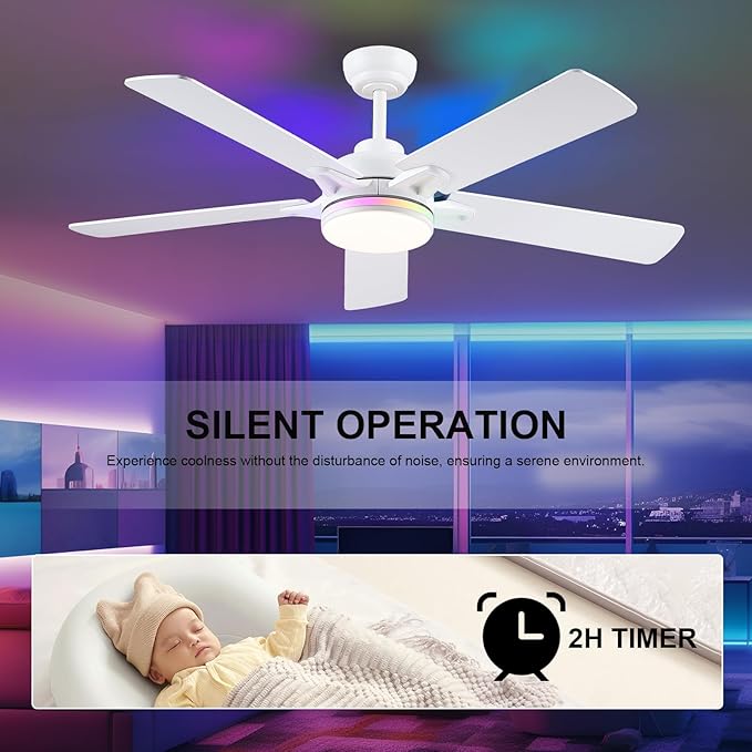 52 Inch Ceiling Fans with Lights and Remote/APP Control, Modern Ceiling Fan with RGB Lights for Bedroom Living Room Patio Porch Outdoor, Reversible Quiet Motor, 5 Wood Blades, White