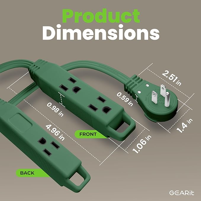 GEARit 360 Rotating Flat Plug Extension Cord with 3 Outlets (15ft, Green) 16AWG/13A 3 Prong Wire, Outlet Saver for Home Office Dorm Room Essentials, ETL Certified
