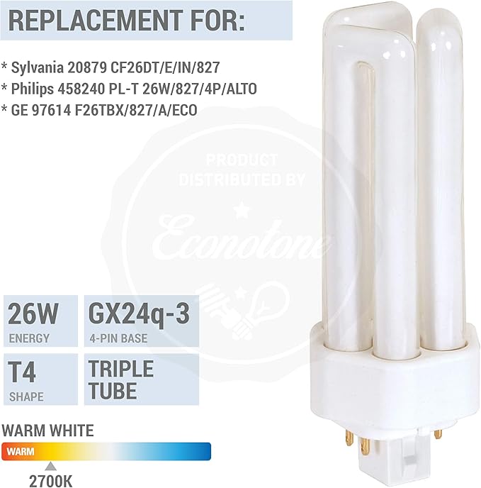 KOR 26W CFL Plug-in Bulb – GX24Q-3 Base, 2700K Warm White, Triple Tube, (4-Pin) Replaces Sylvania 20879, Philips 458240, GE 97614 – Pack of 4