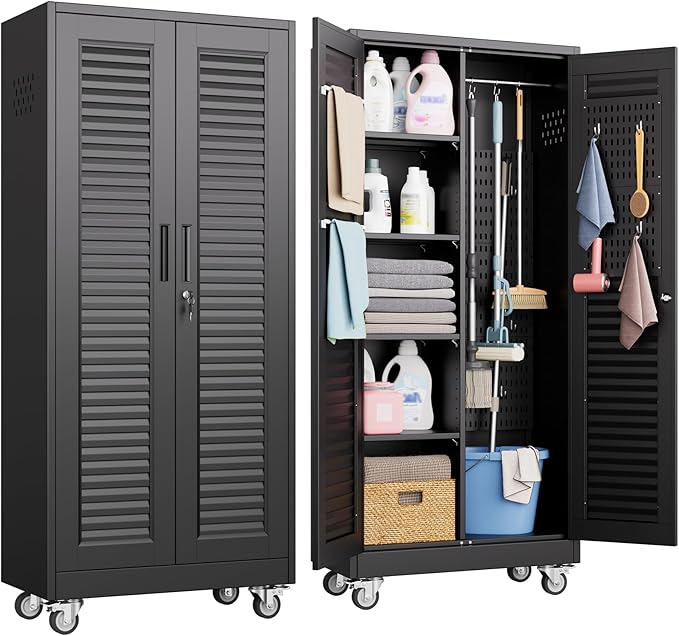 Garage Storage Cabinet with Wheels and 4 Shelves, Metal Broom Closet Storage Cabinet with Hanging Rod, Pegboard and 13 Hooks for Garage Home, Black, Assembly Required