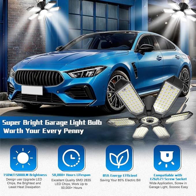 LED Garage Lights - 30000LM Super Brighter Garage Lighting w/ 6 Deformable Panels 6500K Led Shop Lights E26 Screw in Base for Basement Workshop Warehouse Attic - 2Pack