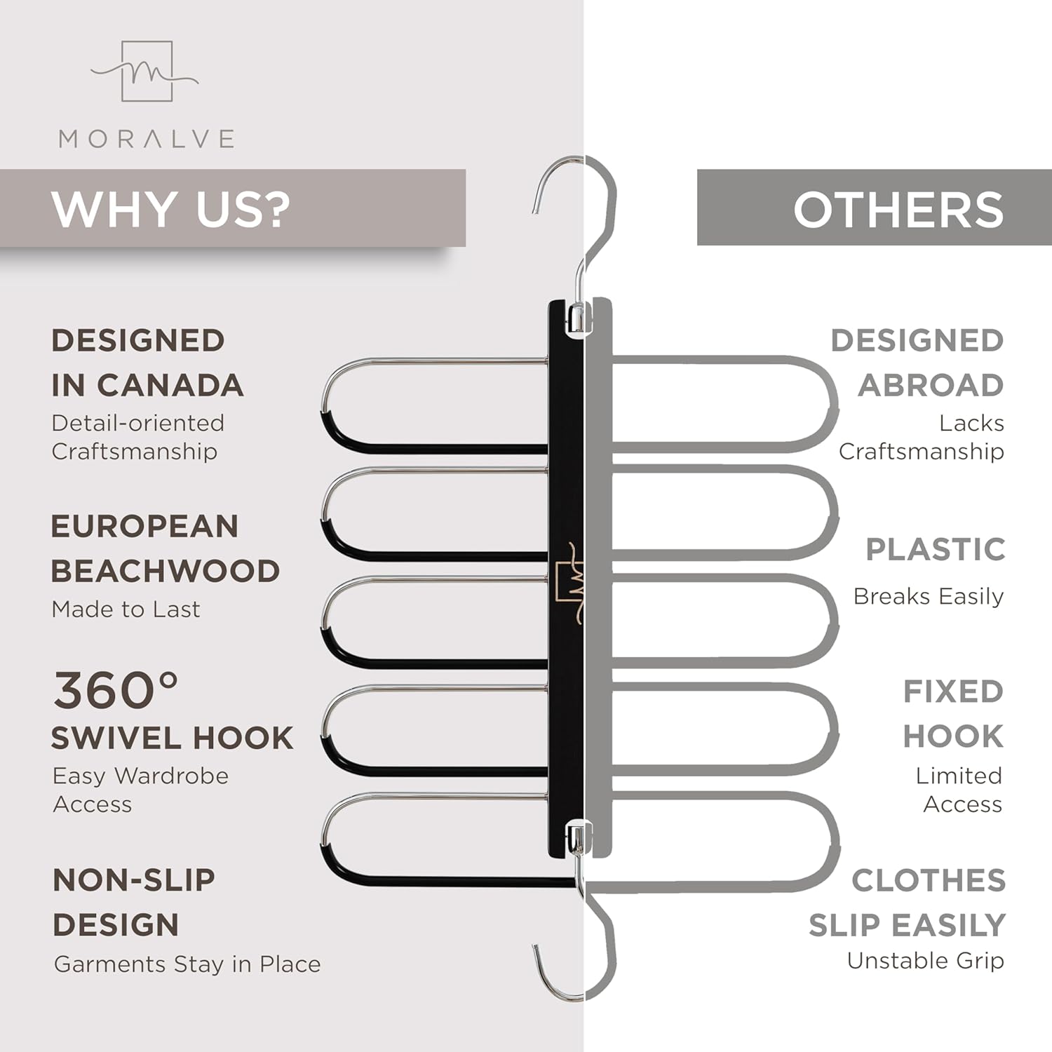 MORALVE Pants Hangers Space Saving - 2 Pack European Beechwood Scarf and Jean Hangers - Closet Organizer and Space Saver Pant Rack, Leggings Hanger, and Scarf Holder with 360° Swivel Hook