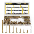 Wood Screws Assortment Kit, FIXLINK 240 PCS High Hardness Flat Head Wood Screws Set, Phillips Drive Assorted Screws, Contain Anchors and 8 Size (2-1/2”,2”,1-1/2”,1-1/4”,1”,3/4”,5/8”,1/2”), Yellow Zinc