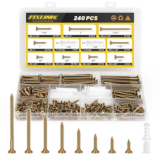 Wood Screws Assortment Kit, FIXLINK 240 PCS High Hardness Flat Head Wood Screws Set, Phillips Drive Assorted Screws, Contain Anchors and 8 Size (2-1/2”,2”,1-1/2”,1-1/4”,1”,3/4”,5/8”,1/2”), Yellow Zinc