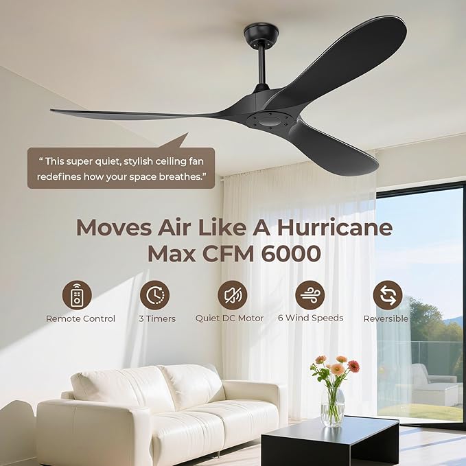 60 Inch Ceiling Fan Without Lights, Black | Outdoor Ceiling Fan with Remote, 6-Speed Adjustable Reversible DC Motor for Patio & Living Room