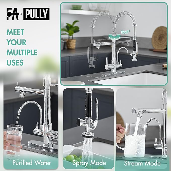 Fapully 3 in 1 Kitchen Faucet with Water Filler and Pull Down Sprayer, Chrome Commercial Kitchen Sink Faucet with Drinking Water Faucet for 1 or 3 Holes Sink
