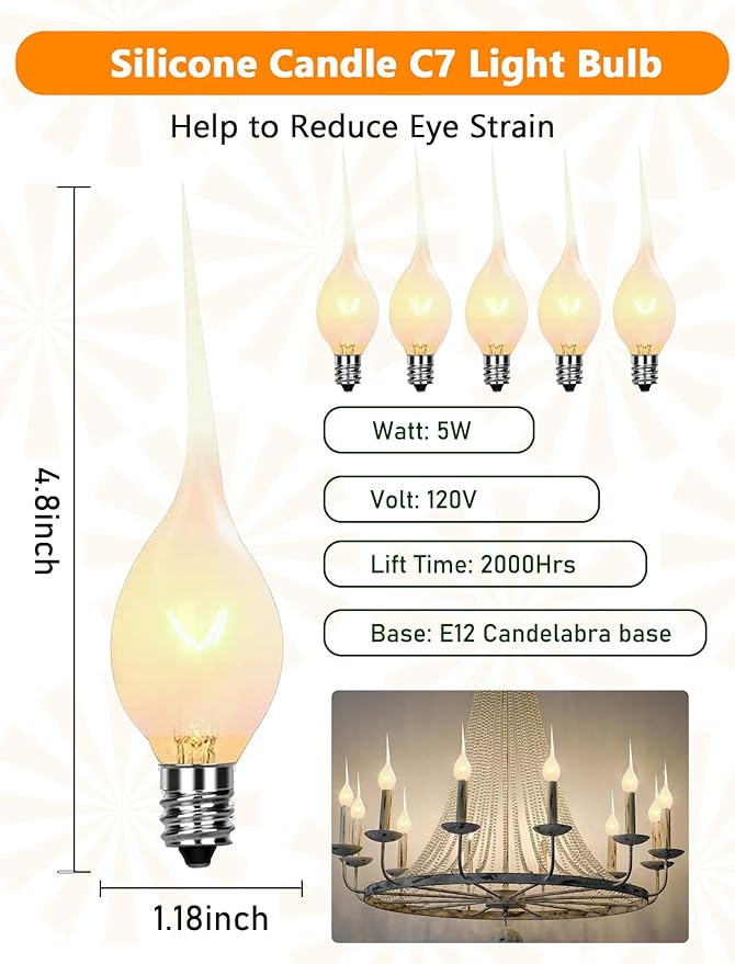 Silicone Dipped Candle Light Bulbs Country Style Candle Replacement Bulbs 5 Watts Clear Silicone Light Bulbs for Window Candles Chandeliers, C7/E12 Candelabra Base (12 Pack)