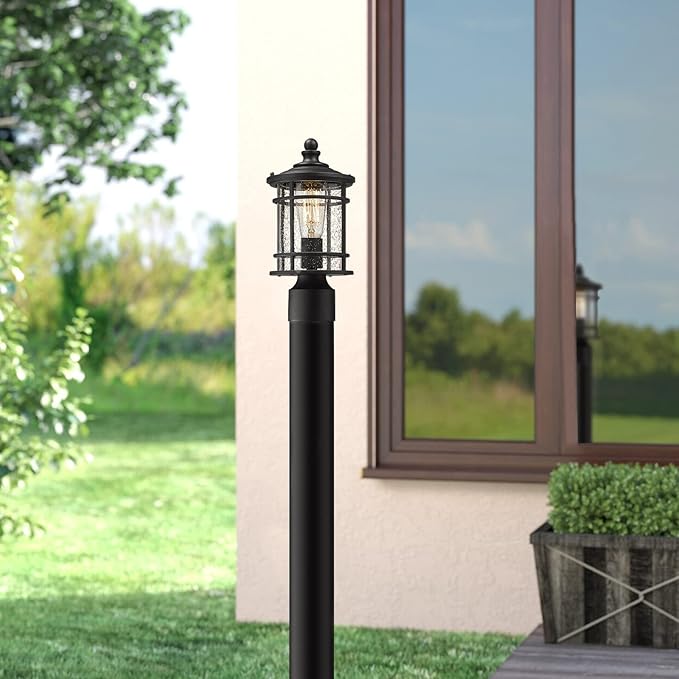 Emliviar Outdoor Post Lights 2 Pack - 12.5 Inch Modern Farmhouse Post Lamps with Seeded Glass in Black Finish, XE229P-S-2PK BK