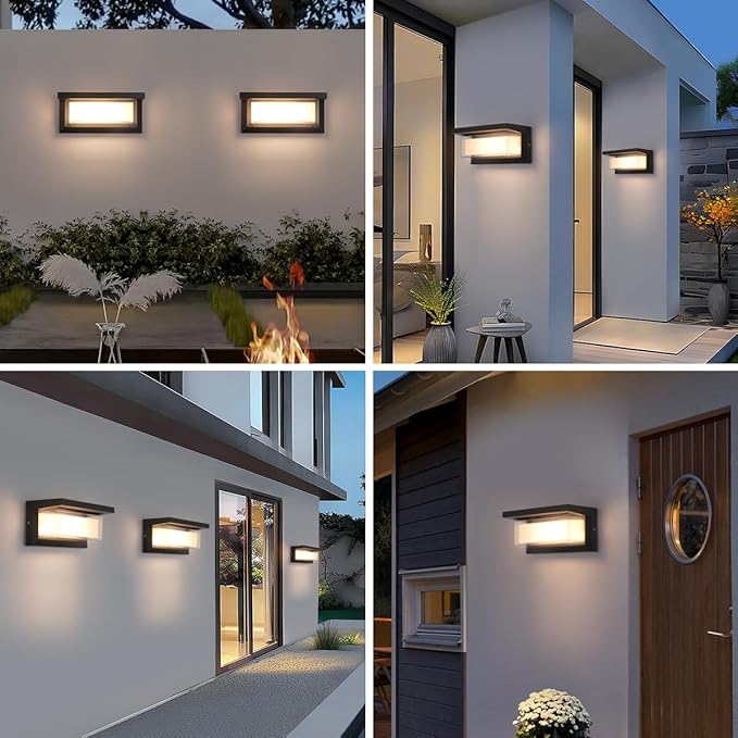 Outdoor Wall Lights, 24W LED 3 Color Exterior IP65 Outdoor Wall Lights Exterior, Porch Wall Sconce with Double Shade, Modern Matte Black Wall Lamps for Patio Front Door Entryway, 4-Pack