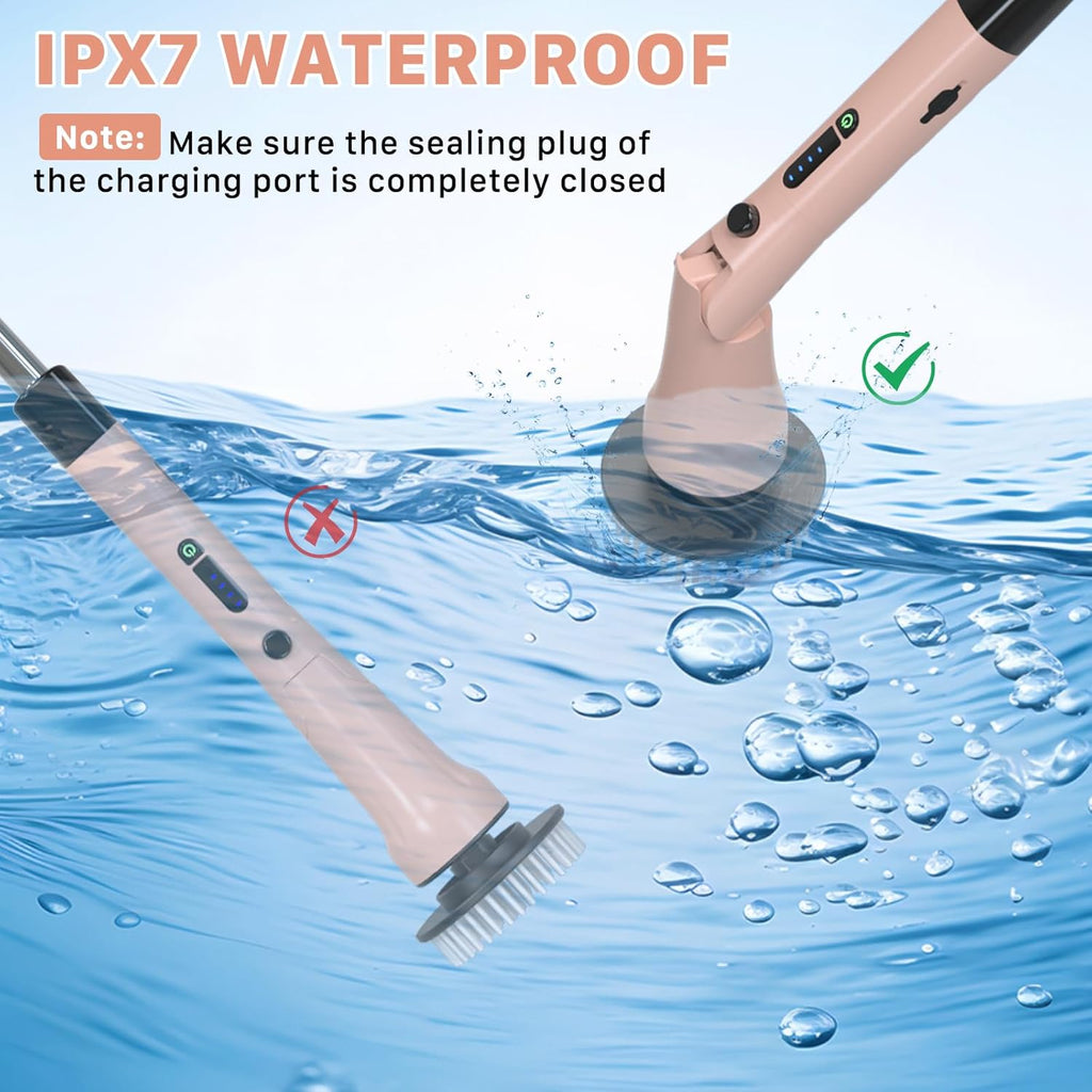 Electric Spin Scrubber, Hillyfe Power Shower Cleaning Brush with 7 Replaceable Brush Heads, IPX7 Waterproof, 2 Speeds (300/400 RPM) Electric Scrubber with Wall Mount Hook for Bathtub, Floor，Pink