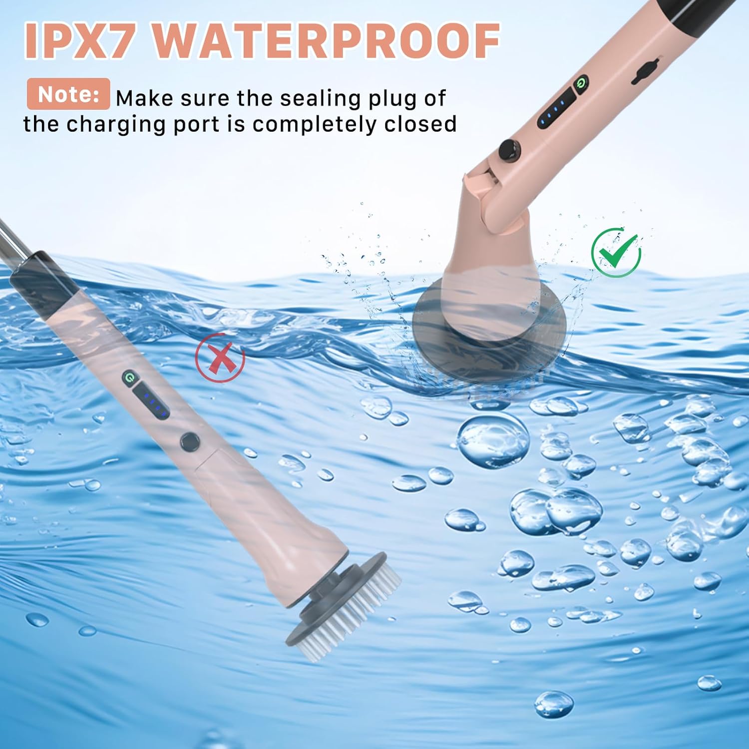 Electric Spin Scrubber, Hillyfe Power Shower Cleaning Brush with 7 Replaceable Brush Heads, IPX7 Waterproof, 2 Speeds (300/400 RPM) Electric Scrubber with Wall Mount Hook for Bathtub, Floor，Pink