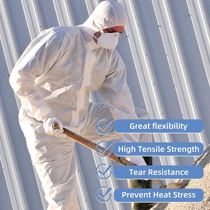 ETERNA Hazmat Suits- 5 Pack Disposable Protective Coveralls with Hood, Zipper, Elastic Wrists, Shoe Covers for Men & Women, Shield from Dirt, Dust, Paint (White, X-Large)