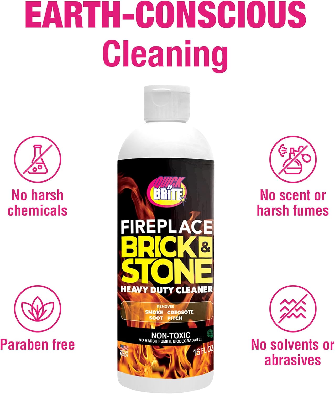 Quick N Brite Fireplace Gel Cleaner with Scrub Brush for Brick, Stone, Rock, Tile, and Marble, Nonabrasive Fireplace Cleaner, Made in the USA, 16 oz