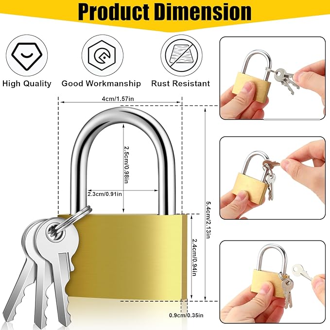 18 Pcs Solid Brass Keyed Padlock, Small Yellow Gym Lock, Strong Padlock with Same Key for Luggage Toolbox (40mm 1-9/16")