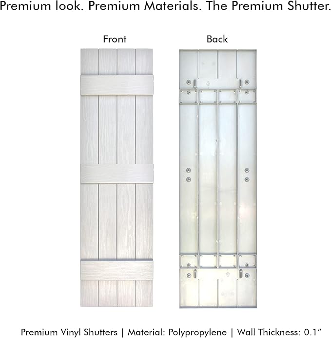 Board & Batten Vinyl Shutters (1 Pair) | 14.5"x63" (4-Board) - Dover White/Paintable | Exterior Window Shutters | Includes Mounting Hardware | Simple Installation | Made in USA