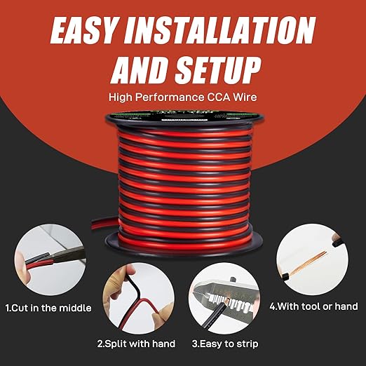 16 Gauge Wire, 16 AWG Electrical Wire Cable, 2 Conductors Red Black Wire, Copper Clad Aluminum(CCA) Flexible PVC Extension Cord for Speaker, Hookup LED Strips, Automotive 12V/24V DC (50FT)