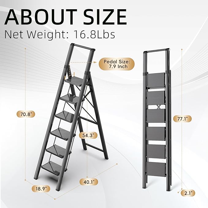 GameGem Step Ladder 6 Step Folding, Aluminum Ladders for High Ceilings, Tall Closet, Cabinet, 6 ft Lightweight Step Ladder with Anti-Slip Foot for Home Use, 330Lbs Load, Black