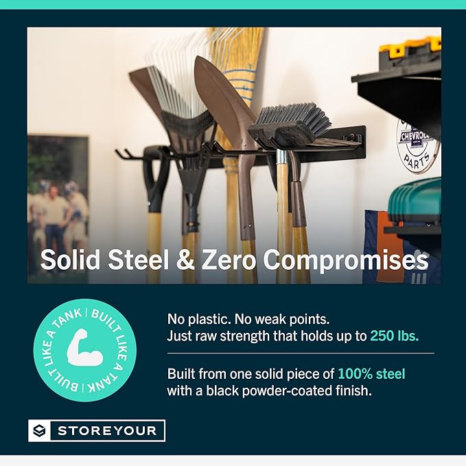 StoreYourBoard Wall-Mounted Rack With 4 Garage Hooks – Heavy-Duty Steel Holder Garage & Garden Storage for Shed, Workshop, or Home Organization – For Rakes, Shovels, Tools & More – 2 Pack, Black