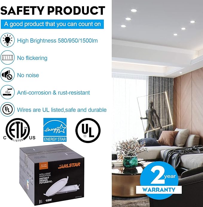 8 Inch LED Recessed Light with Junction Box, 8Pack Ultra Thin LED Recessed Lighting.6000K Daylight, No Dimmable,18W 8" Recessed Ceiling Canless Wafer Downlight.Slim Can-Killer Lights,CRI80+