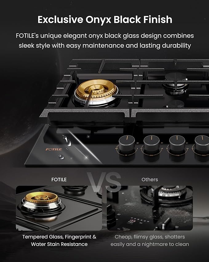 FOTILE GLG36501 36” Black Tempered Glass 5-Burner Gas Cooktop, Tri-Ring 18,000 BTUs Left Burner with Flame Failure Protection Removable Grates and Installation/LP Kit