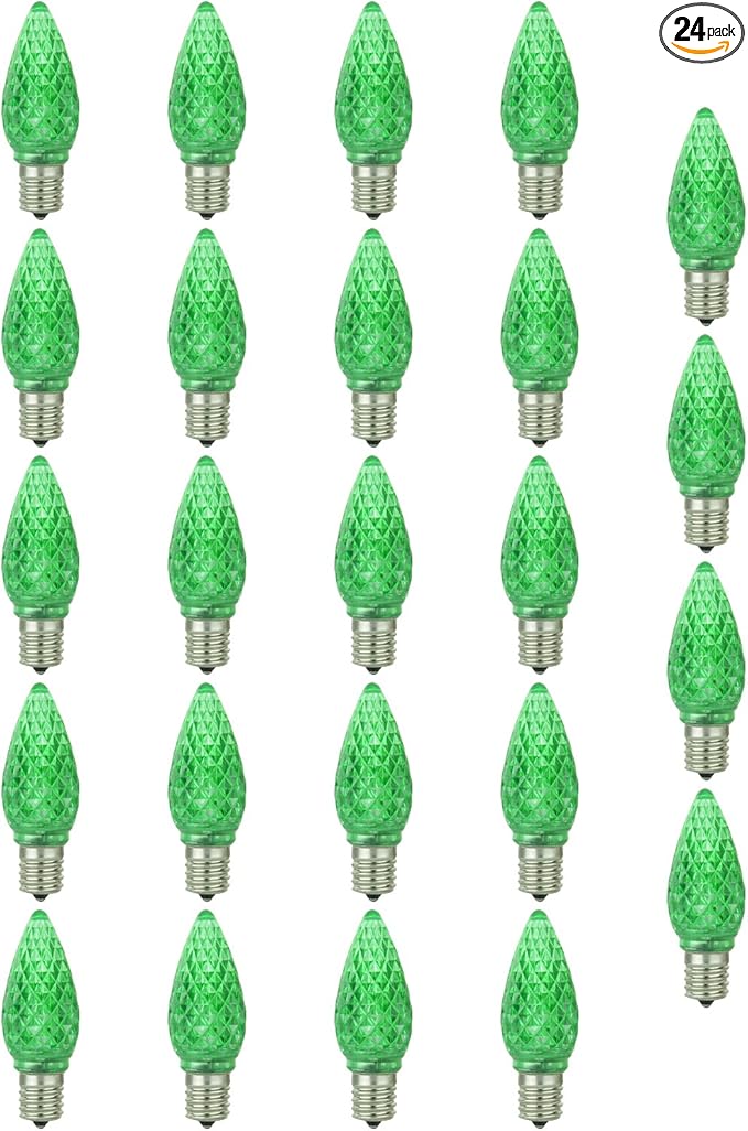 Sunlite 40464 LED C9, Holiday Decorative Light Bulb, 0.4 Watts, E17 Intermediate Base, Faceted Christmas-Lights; Nightlight, Green, 24 Count