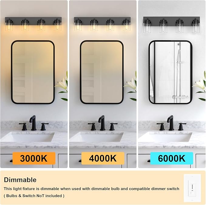IZORRO Bathroom Vanity Light Fixture, 4-Light 27.5 Inch Matte Black Bathroom Light Fixtures Over Mirror, with Clear Glass Shade, Modern Farmhouse Vanity Lights, Rustic Restroom Lighting Fixtures