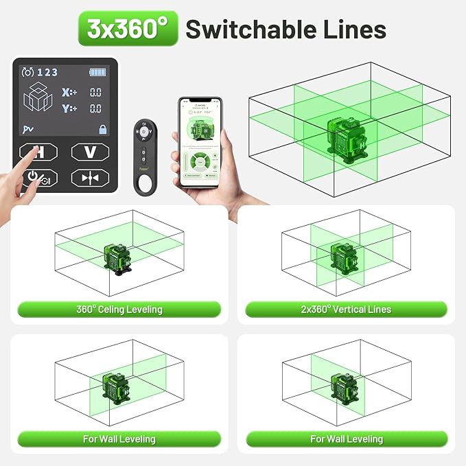 Huepar W03CG Laser Level 360 Self Leveling with 60" Tripod, 3x360° Bluetooth Laser Level with Electric Rotating Base ＆ Large LCD Screen, Laser Class: Class II (IEC/EN60825-1/2014), 1mW power output