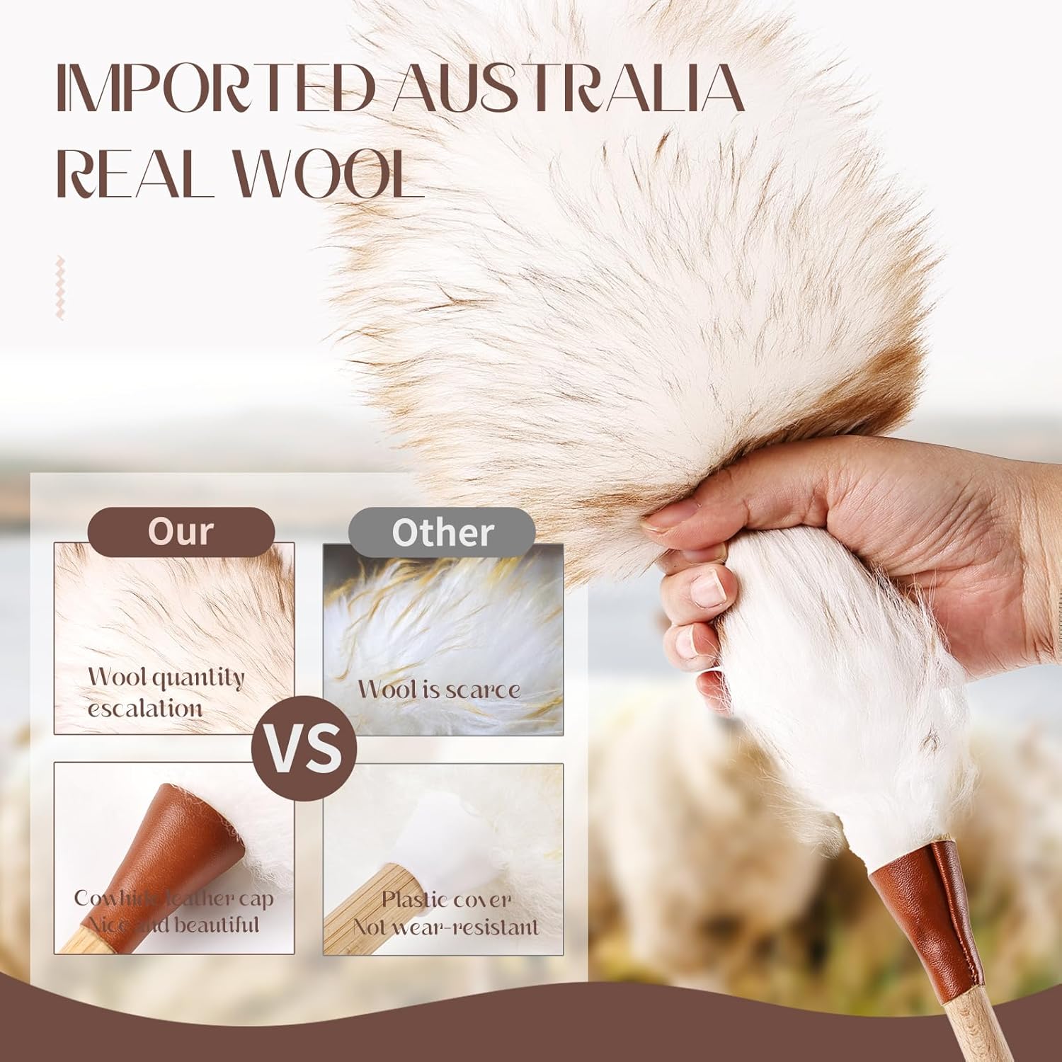 THARAHT Lamb Wool Duster Fluffy Long Handle Reusable for Cleaning Ceiling Fan,Pendant lamp, High Ceiling, Blinds, Furniture Feather Duster