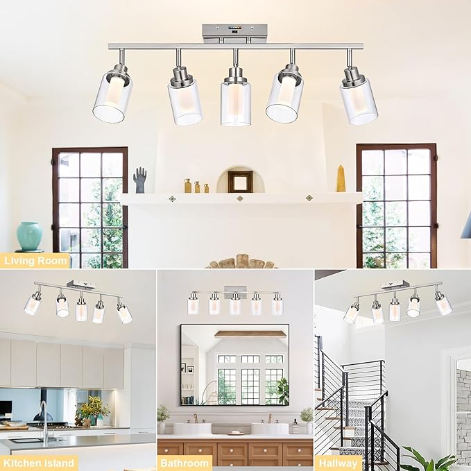 5-Color Temperature 5-Light LED Track Lighting Fixtures Ceiling, Brushed Nickel Spotlight Bathroom Wall Lamp with Integrated LED Chips & Clear Glass Shade & Frosted Column