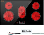 VEVOR Electric Cooktop, 36 inch 5 Burners Built-in Electric Stove Top, 8600W Ceramic Top Radiant Cooktop with Glass Panel, Touch Control, Timer, Child Lock, 9 Heat Level, 220-240V, Hard Wire (No Plug)