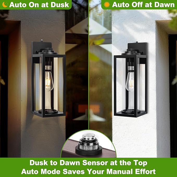 Dusk to Dawn Outdoor Wall Light Fixtures - 2 Packs Exterior Waterproof Outdoor Lighting, Modern Porch Sconces Wall Mounted Lighting, Industrial Anti-rust Matte Black Outside Lantern for Front Door
