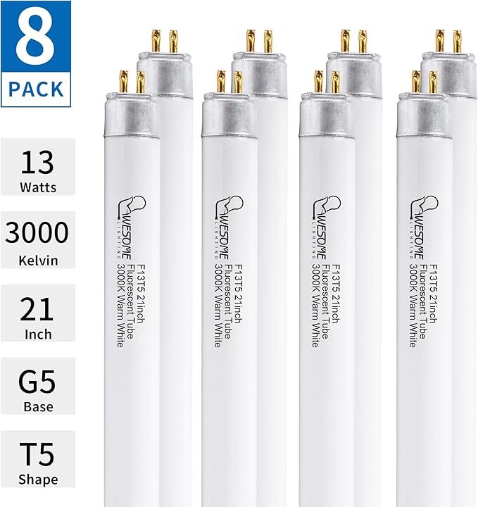 8 Pack 21 Inch F13T5/WW Fluorescent Light Bulb, 3000K Warm White, T5 13 Watts Fluorescent Replacement Bulb for Counter and Cabinet Fixture, G5 Base