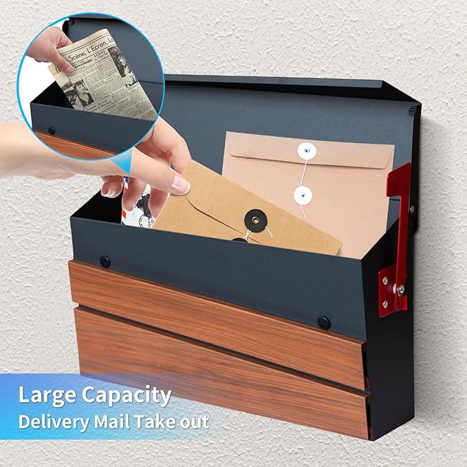 Wall Mount Mailboxes, Morden Mailbox for House, Metal Outside Mailbox with Walnut Wood Panel, Large Capacity Galvanized Steel Post Box with Flag (No Keys Locking)