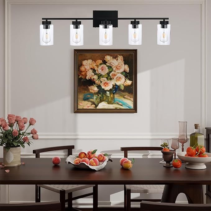 5 Light Bathroom Vanity Light Fixtures, Matte Black Modern Wall Lights with Clear Glass Shade, Vintage Wall Sconce Lighting for Living Room, Mirror, Bedroom, Hallway (Black, 5-Lights)
