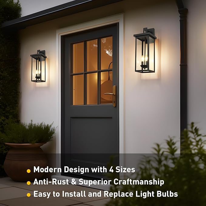 tewei 2 Pack Large Size Outdoor Wall Lantern Exterior Wall Light Fixture, 22 Inch Matte Black Porch Light Waterproof Outdoor Lights for House with Clear Glass Shade, E12 Exterior Sconces for Garage