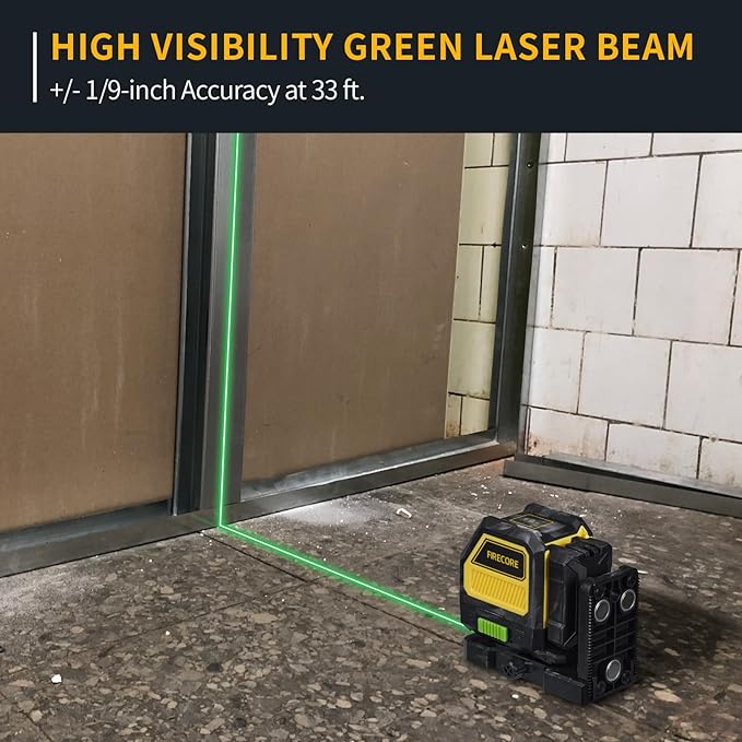 Firecore Self Leveling Laser Level, Green Cross Line Lazer Leveler Tool for Picture Hanging Wall Tile Construction, 360° Magnetic Pivoting Base and Battery Included