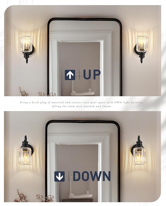 Black Wall Sconces, HWH Rustic Industrial Wall Lamps, 1-Light Sconces Wall Lighting with Bell-Shaped Clear Glass, Bathroom Vanity Light Fixture for Bedroom Living Room Kitchen, 5HZG106B BK