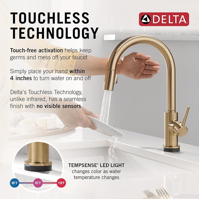Delta Trinsic Touchless Kitchen Faucet with Touch Technology, Brushed Gold Kitchen Sink Faucet with Pull Down Sprayer, Single Hole, Champagne Bronze 9159TL-CZ-DST