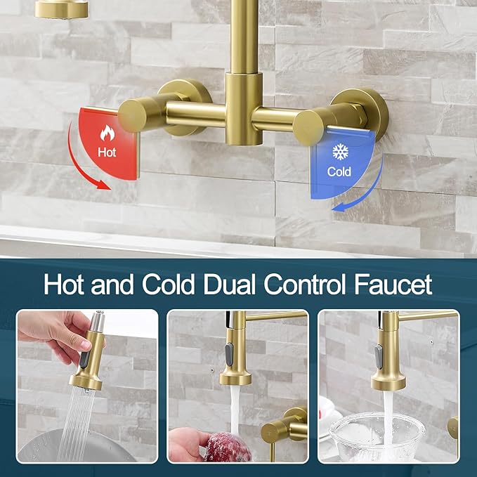 AIMADI Brushed Gold Kitchen Faucet,Wall Mount Faucet 8 Inch Center|2 Handle Commercial Sink Faucet for Modern Kitchens Luxury Style