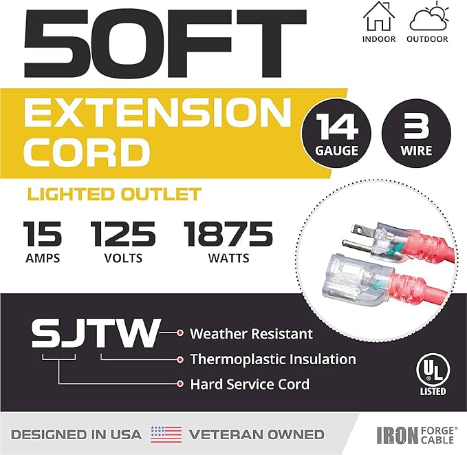 Iron Forge Cable Lighted Outdoor Extension Cord 50 ft - 14 Gauge 15 Amp Heavy Duty Power Extension Cords - SJTW - Great for Major Appliances, Power Tools, Garden Supplies - Red