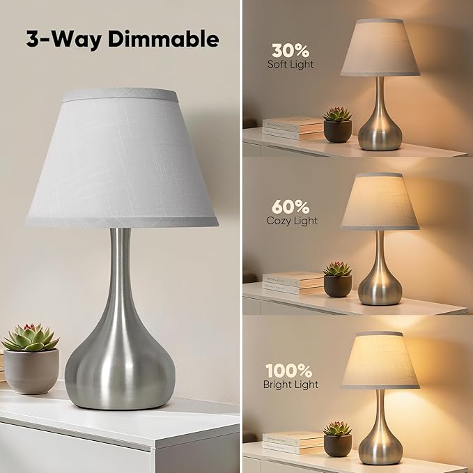 Touch Table Lamp for Bedroom Set of 2, 3-Way Dimmable Bedside Lamp for Nightstand, 17” Modern Metal Desk Lamp with Linen Shade for Living Room, Kids Reading, Dorm, Home Office Decor, Bulb Included
