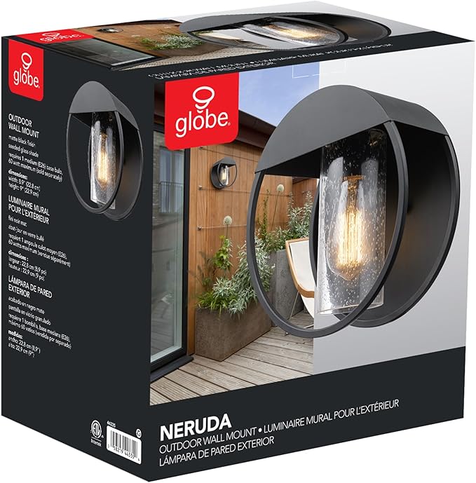 GLOBE Electric 44388 1-Light Indoor/Outdoor Wall Sconce, Matte Black Finish, Seeded Glass Shade, Weather-Resistant, E26 Base