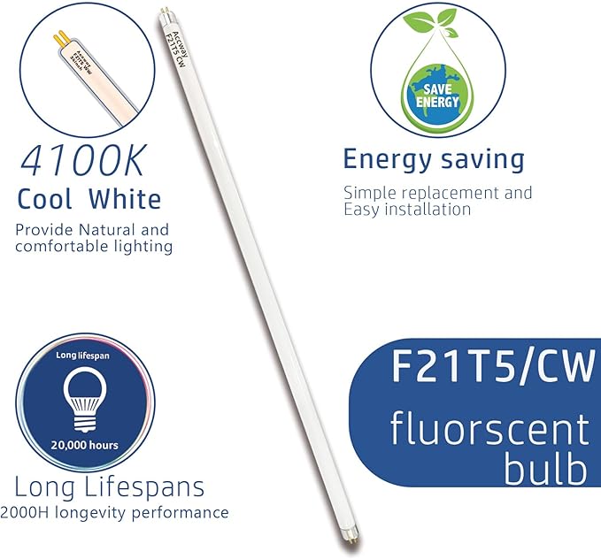 (6pack 34inch F21T5/841 Cool White Fluorescent Light Bulb, 21Watts 4100K T5 Linear Tube Replacement F21W/841/HO,F21T5 CW Full Spectrum CRI85+