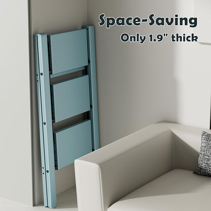 Taranta 3 Step Ladder,Aluminum Lightweight Folding 3 Step Stool with Anti-Slip Wide Pedal,330lbs Capacity Step Ladder for Household,Kitchen,Office - Serene Blue