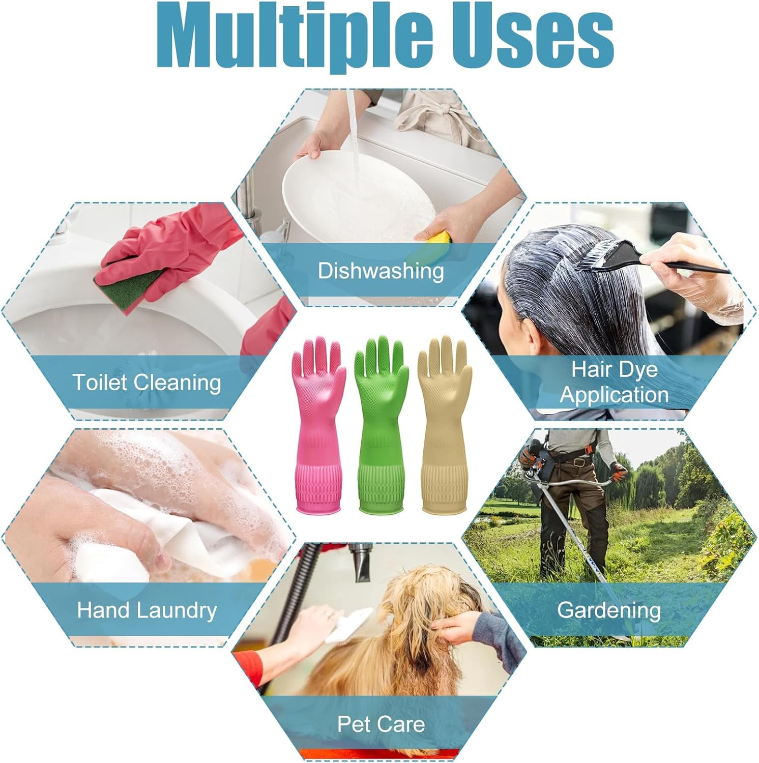 Rubber Dishwashing Gloves, 3 Pairs Reusable Gloves for Dishwashing, Non-Slip Kitchen Glove, Water Resistant Household Glove for Kitchen Bathroom (Medium, Green+Pink+Yellow)