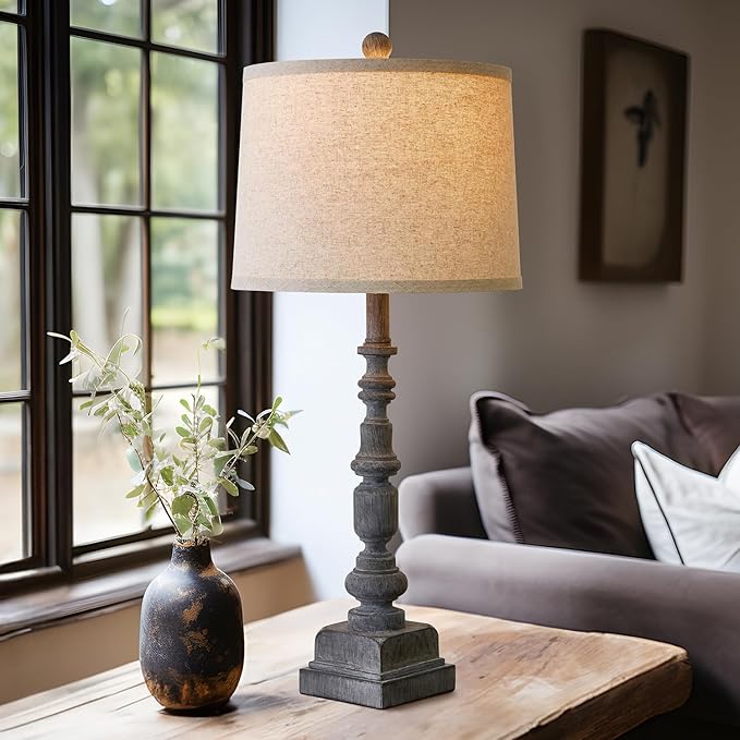 Oneach 27.75" Vintage Farmhouse USB A+C Table Lamps Set of 2 for Living Room Traditional Bedside Lamps for Bedroom Office Mid Century Table Lamp Antique Grey Accent Rustic Lamps for End Table