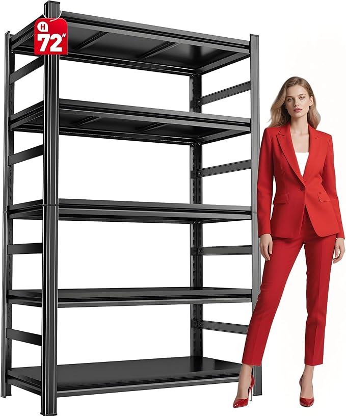Garage Shelving Units, Heavy Duty 5-Tier Storage Shelves, Metal Adjustable Storage Rack, Steel Shelves, 2750 lbs Capacity, Industrial Shelving for Heavy Tools (Black, 15.74"Dx35.43"Wx71.18"H, 5-tier)