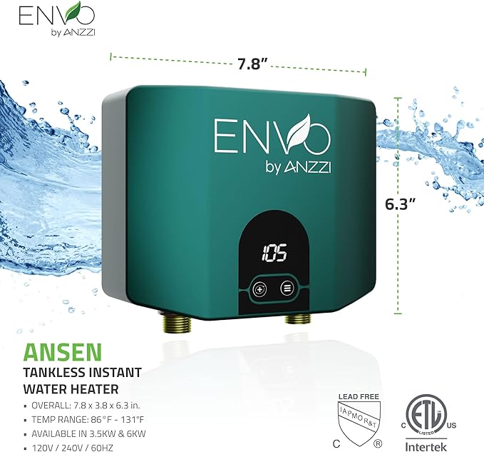 ANZZI Envo ANZZI Electric Tankless Water Heater 3.5 KW at 120 Volts, Small Enough to Install Anywhere - For for any bathroom sink or kitchen sink (WH-AZ035-M1)