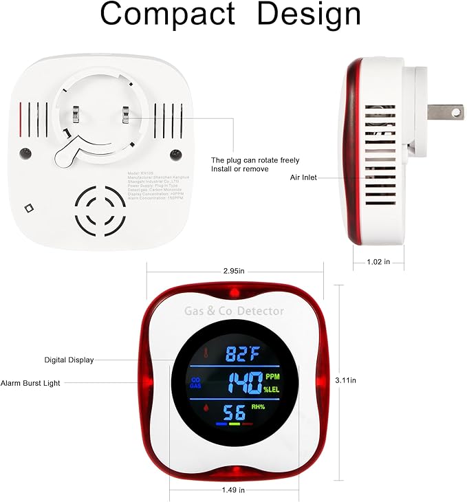 Combination Gas & Carbon Monoxide Detectors Plug in,Natural Gas Detector,Propane,Carbon Monoxide Alarm,CO Level & °F & Humidity & Explosive Gas Detector for Home,Kitchen,RV